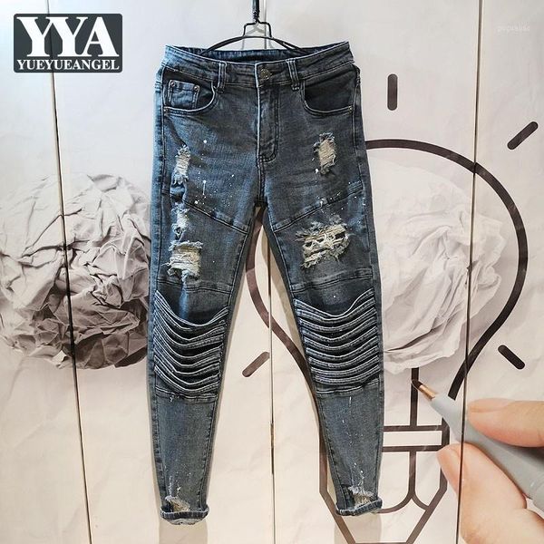 

streetwear trousers holes ripped mens jeans fashion tassel distressed slim personality patchwork casual men denim pencil pants1, Blue