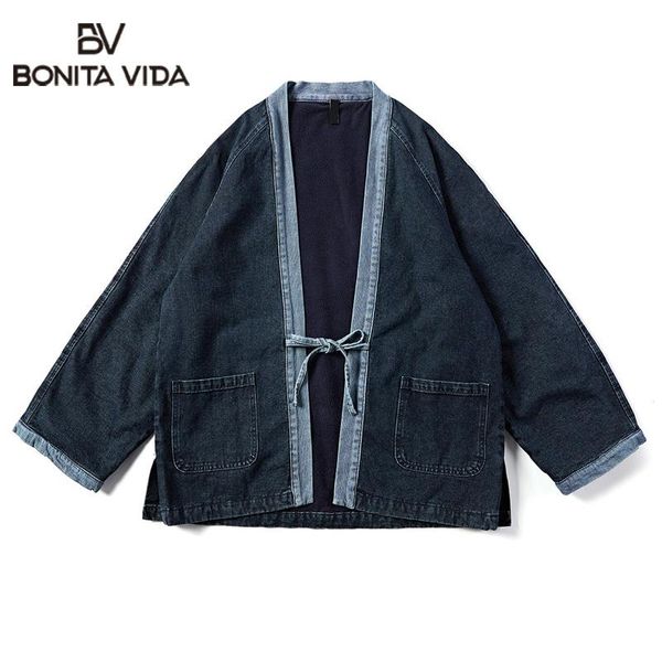 

bonita vida japan style solid color denim kimono jacket men stand collar open placket jean streetwear harajuku fleece outerwear, Black;brown