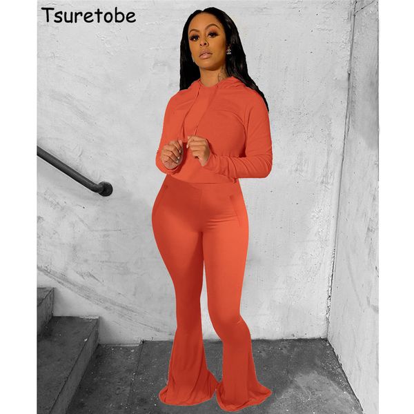 

tsuretobe streetwear 2 piece set women clothing hooded crop flare pants fall clothes for women casual tracksuit women outfit 201009, White