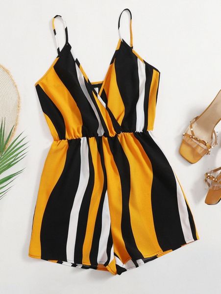 

plus surplice neck colorblock slip romper n6o3#, Black