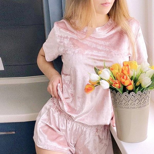 

two piece set women home clothing gold velvet short sleeved solid color pajamas suit female comfortable simple outfits for lady, Gray