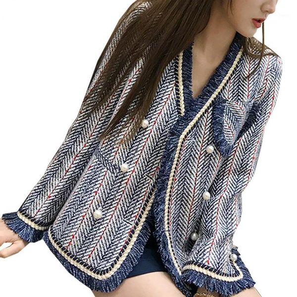 

new arrival runway autumn woolen blend tweed women's double breasted pearls female coats tassel high waist ladies jackets1, Black;brown