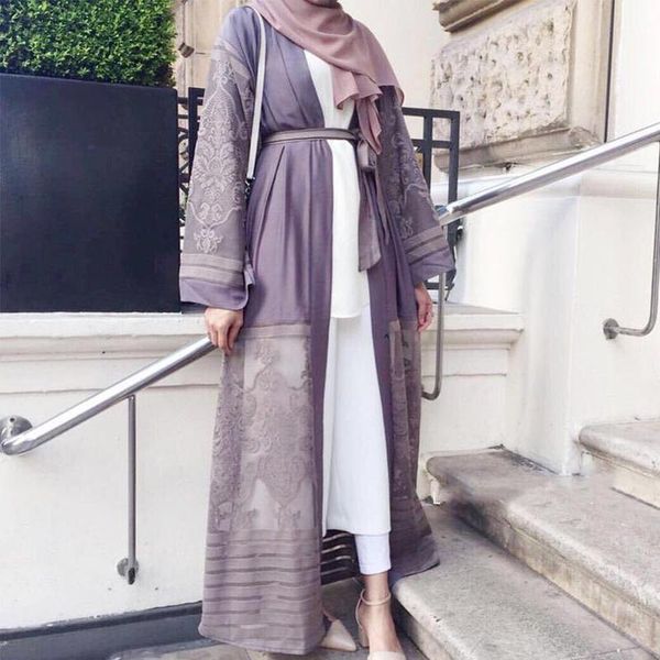 

casual dresses muslim open abaya embroidery mesh dubai long robe hijab dresss women caftan lace-up kimono jubah islamic clothing arab outwea, Black;gray