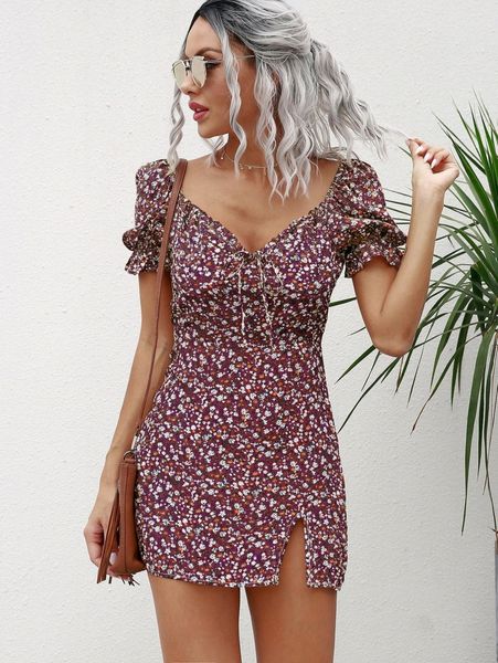 

ditsy floral print tie front slit hem fitted dress a5zz#, Black;gray