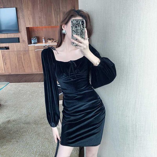

ead 2020 spring new square collar dress large size women's retro gold velvet long sleeve bag hip mini dress club nightclub1, Black;gray