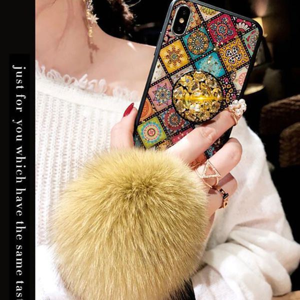 

winter hair fur ball strap holder phone case for samsung note20plus s20plus note10 a51 a71 a50 a70 s10 retro palace epoxy cases