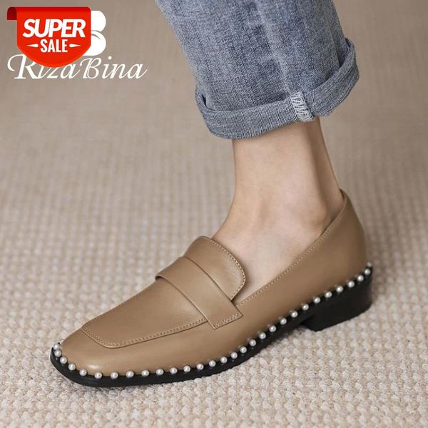 

rizabina women real leather flats square toe shallow slip on pearl elegant daily shoes ladies footwear size 34-39 #fu57