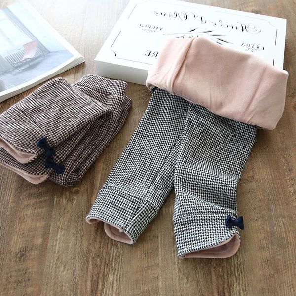 

winter girls super soft thick warm pants kids plus velvet bow leggings girls plaid cotton trousers children 210303, Blue