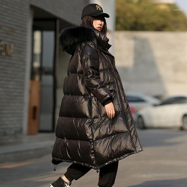 

2019 new fashion thickening loose winter down jacket female super long white duck down jacket1, Black