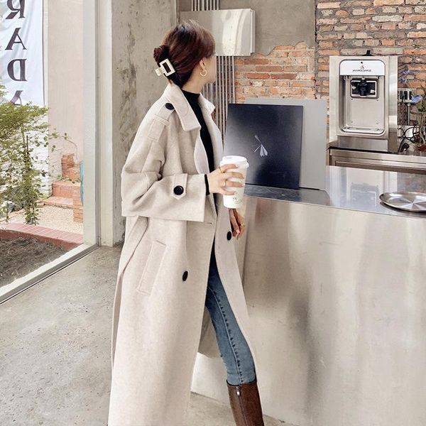 

haoohu 2020 winter new women's woolen coats fashion trends elegant solid long sleeve sashes slim thickened warm coats jackets1, Black