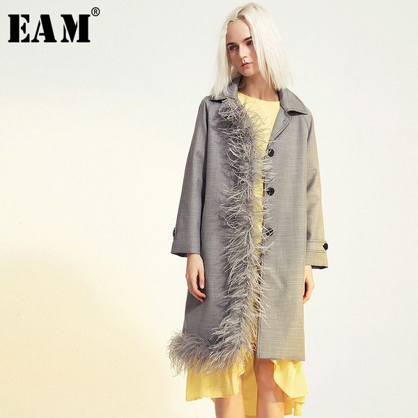 

eam] women feather spliced asymmetric trench new lapel long sleeve loose fit windbreaker fashion tide spring autumn 2020 1b098 1026, Tan;black