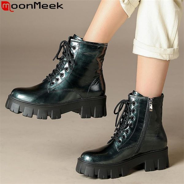 

moonmeek 2020 new ankle boots genuine leather fashion lace up women boots med heels round toe platform shoes woman1, Black