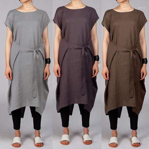 

celmia s-5xl women linen dress 2020 summer female short sleeve belted casual loose midi sundress split oversized vestidos mujer1, Black;gray