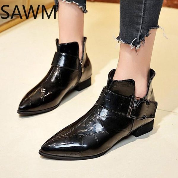 

black patent leather booties women ankle grain fashion winter buckle fretwork heels pointed toe retro boots bottes femme1