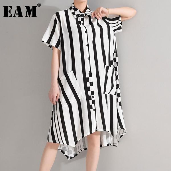 

eam] women black striped split big size shirt dress new lapel short sleeve loose fit fashion tide spring summer 2020 1t85301, Black;gray