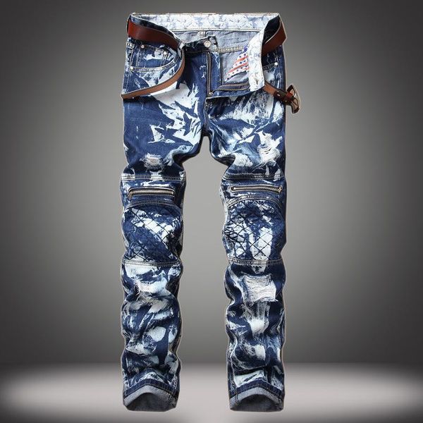 

men's jeans 1j broken hole fashion pleated snow zipper decorative motorcycle pants good quality wholesale, Blue