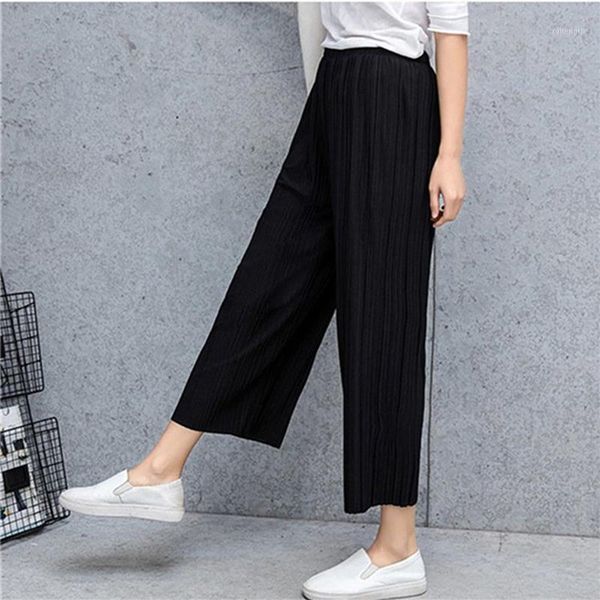 

pant pleated chiffon wide leg pants female summer 2020 new korean version of calf-length pants high waist loose mm1, Black;white