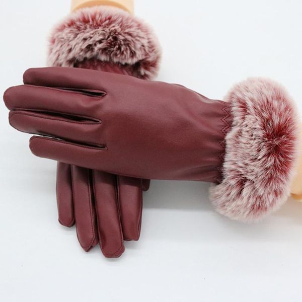 

1 pair women pu leather/suede velvet winter driving warm gloves fur warm outdoor touch screen bow gloves mittens, Blue;gray