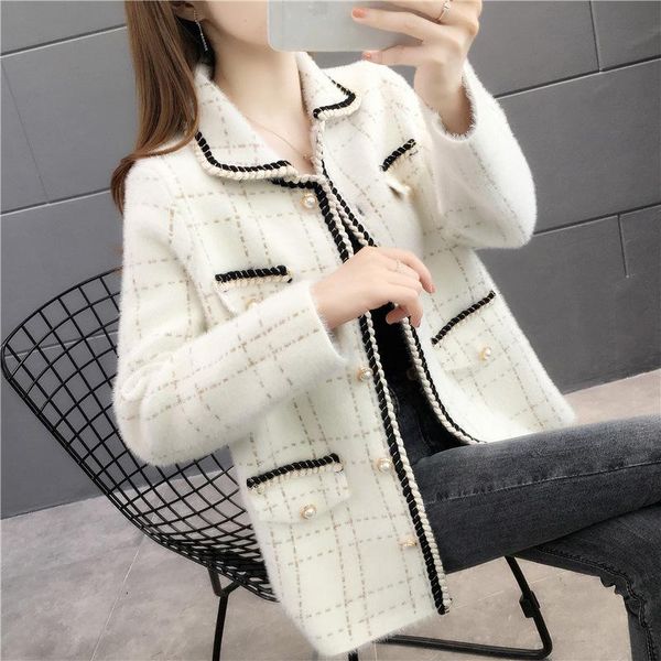 

women's knits & tees of fund 2021 autumn winters cardigan single-breasted sweater long-sleeved female temperament coat lapels, White