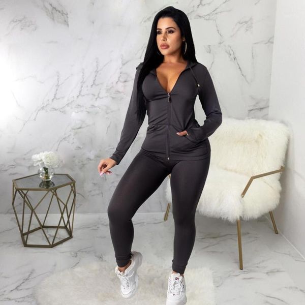 

women tracksuit 2 piece sets wholesale casual solid color hooded zipper two piece pants set smr-98341, Gray
