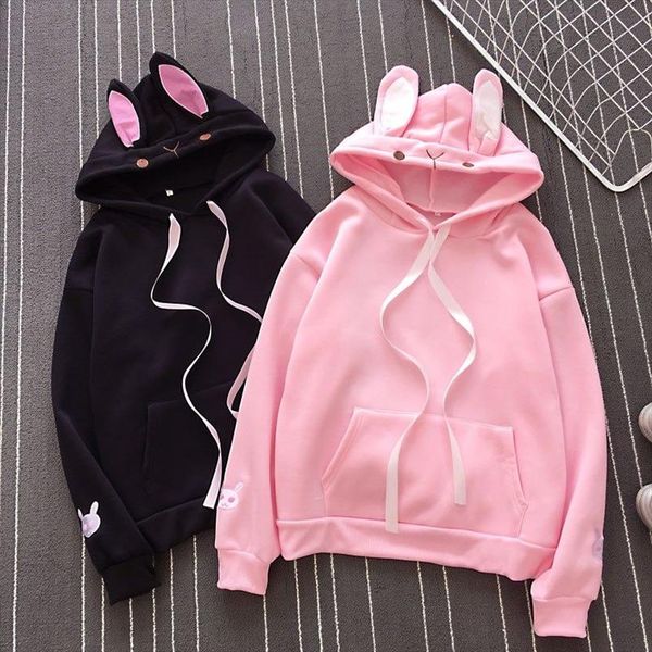 

women fashion cute bunny hoodie long sleeve lovely female rabbit hooded sweatshirts girl casual loose size lovely cotton hoodies, Black