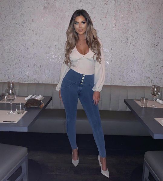 

мелодия светло синий желтый колющие джинсы леггинсы женщины 4 кнопки высокой талией push up jeggings одежда, Black