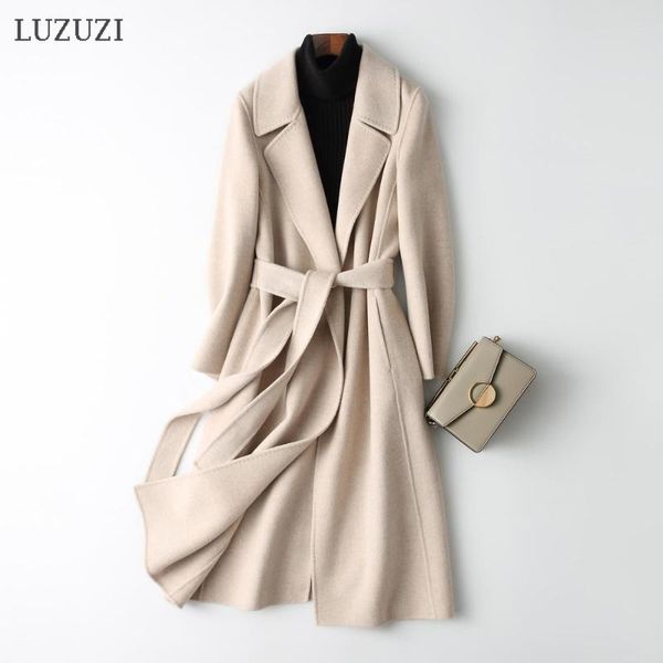 

women's wool & blends luzuzi cashmere long coat female elegant turn down collar woolen with belt open stitch design women winter warm 2, Black