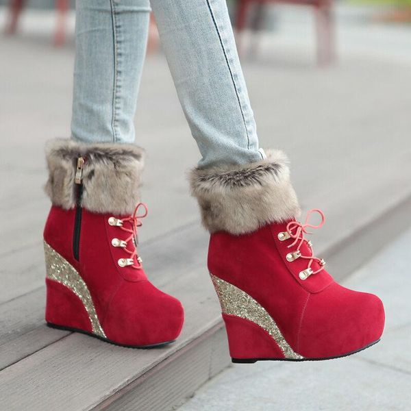 

womens platform wedge heel side zip fur winter snow fashion ankle boot shoes, Black