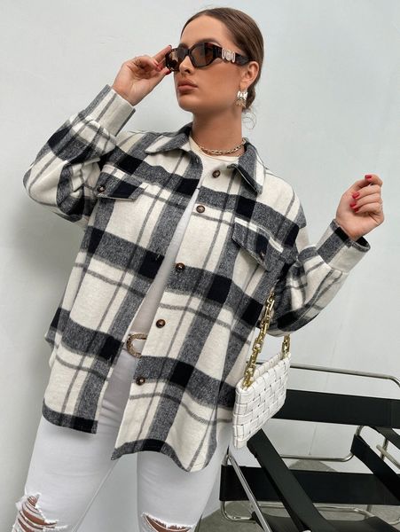 

plus plaid print drop shoulder coat l0yk#, Black