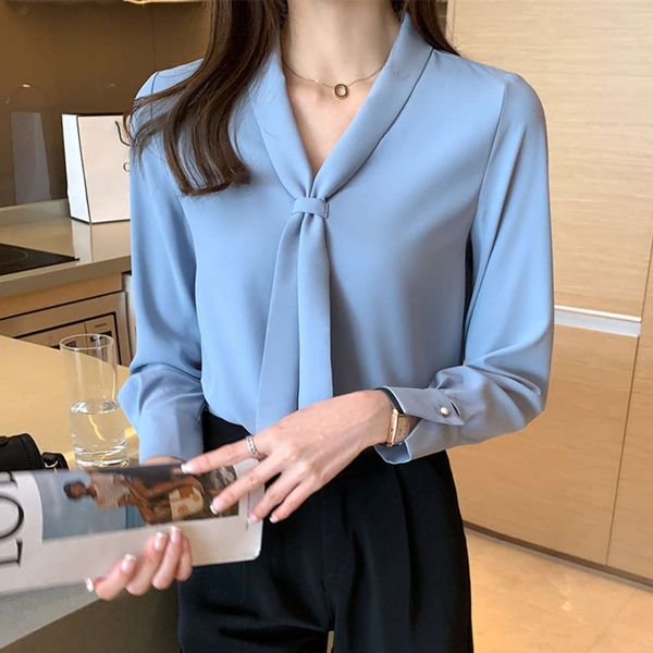 

2021 spring new white chiffon dign small v-neck long sleeve women's shirt