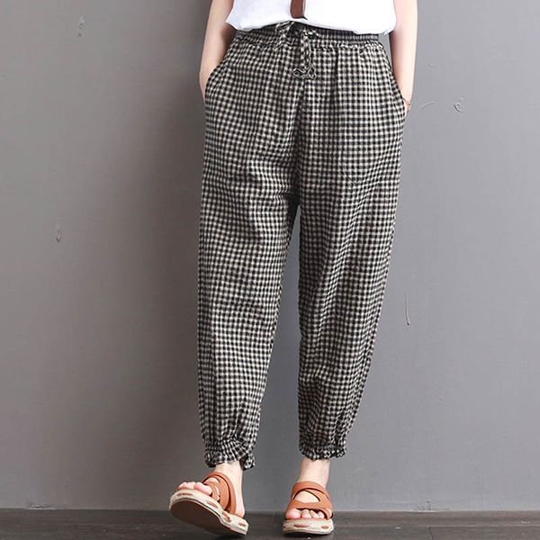 

s-5xl 2019 celima women plaid check elastic waist retro cotton linen retro turnip harem pants pockets loose long pencil trousers t200319, Black;white