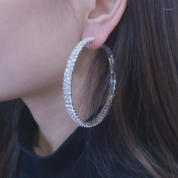 

skysuk sparkling 2 rows rhinestone big hoop earrings for women silver color round circle statement wedding earrings prom gift1, Golden;silver