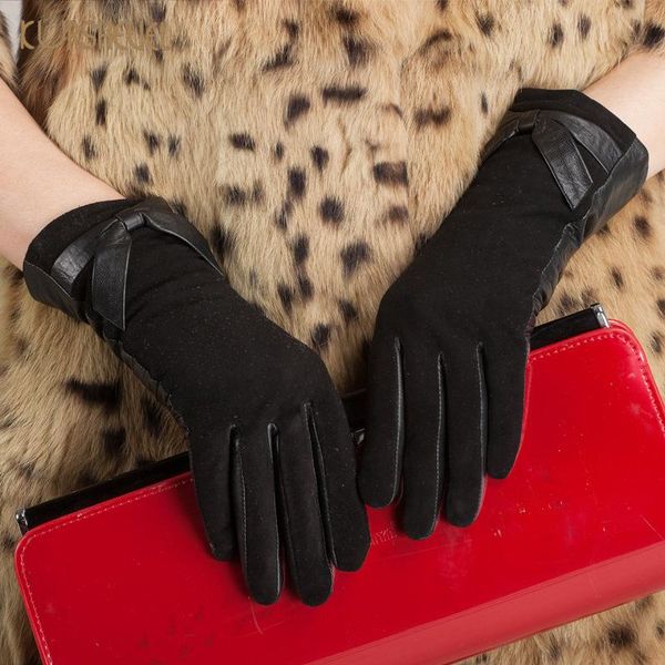 

fashion women gloves nappa suede leather gloves fleece lined elegant bow wrist mittens winter female agb351, Blue;gray