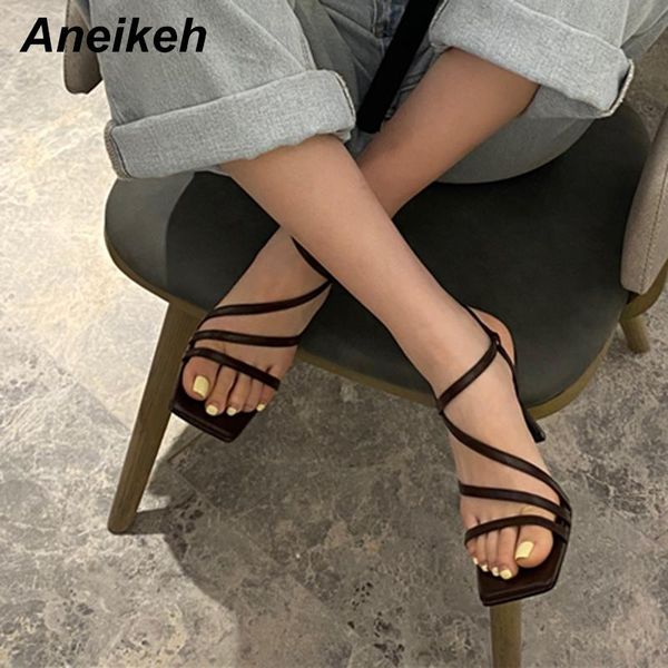 

sandals aneikeh summer women shoes gladiator pu novelty crystal thin heels buckle strap ankle party square toe 2021 35~39, Black