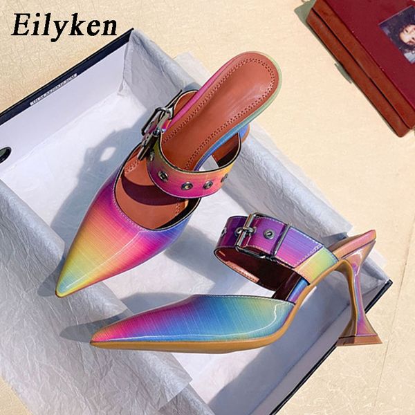 

eilyken size 41 42 women pumps buckle strap summer women shoes spike high heels pointed toe mules rainbow ladies pumps t200525, Black