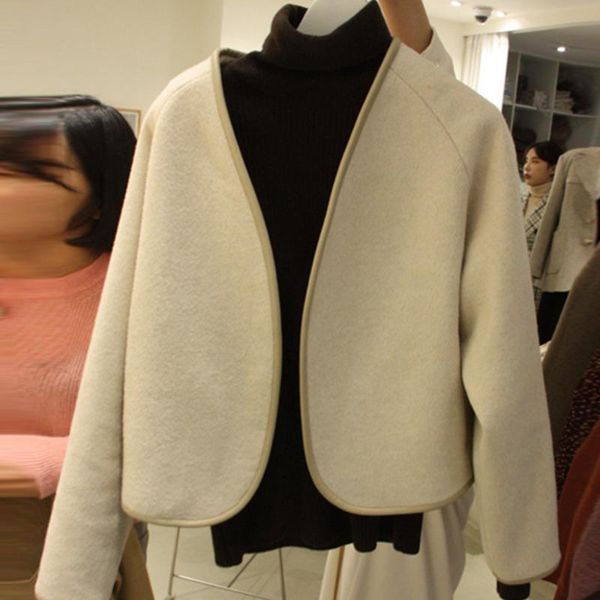 

women's jackets [ewq] 2021 autumn winter female elegante mujer loose v-neck long-sleeved minimalist solid color short woolen suit coat, Black;brown