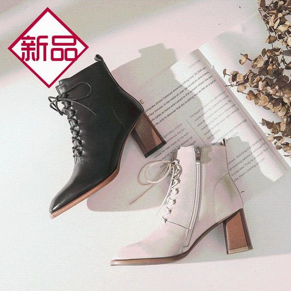 

autumn women's shoes genuine leather short square head thi with high heels lace-up martin lady shoes -40, Black