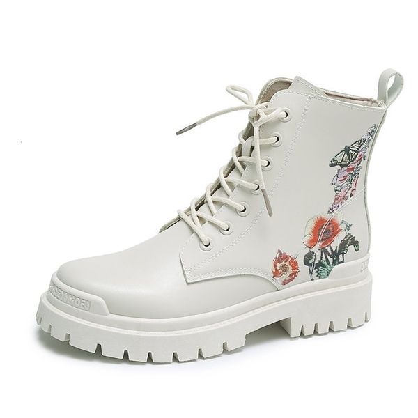 

size 34-40 2021 ins woman real leather ankle boots lace up shoes woman short winter warm boots platform heel footwear, Black;white