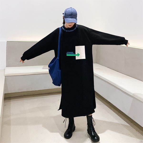 Sonbahar Kış Harajuku Hoodies Elbise Kadınlar Siyah Maxi Artı Boyutu Kazak Rahat Bölünmüş Geometrik Baskı Vestidos Robe Lady 201202