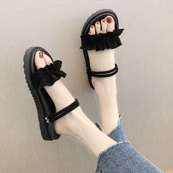 

two pairs of thick soled sandals women's instrendy flat bottom 2021 new summer wear versatile net red lady sandals, Black