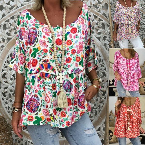 

casual summer beach women t-shirts half sleeve round neck floral printed t-shirt lady boho loose t-shirt puls size femm clothes1, White