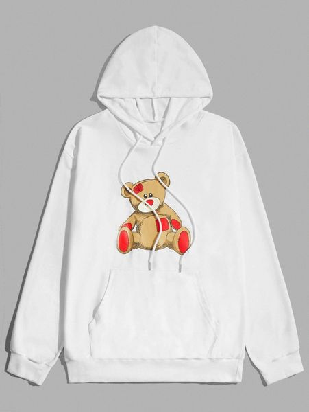 

romwe guys cartoon bear graphic pocket drawstring hoodie a8f0#, Black