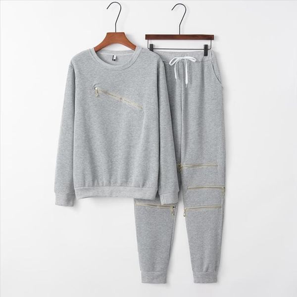 

мода молнии полые женские гусеницы костюм o шеи с длинным рукавом женские толстовки 2 частей набор спортивной одежды moletom, Gray