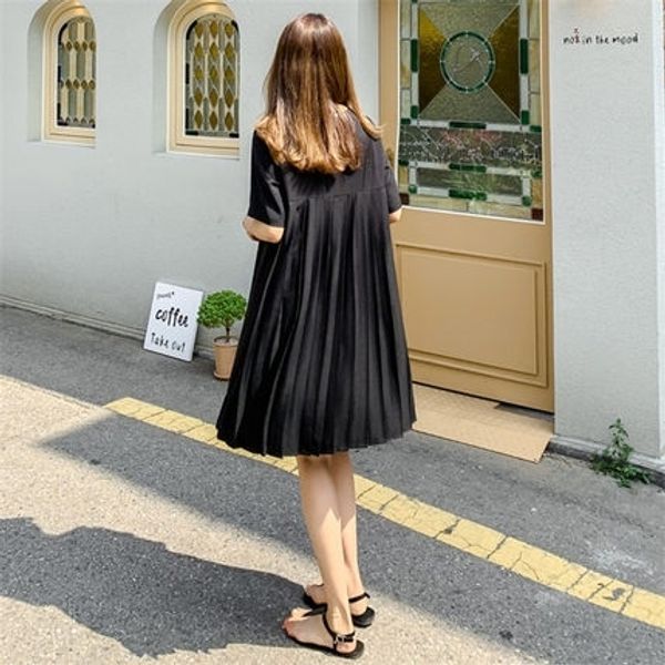 

2lzmm doll summer new stitching small hepburn pleated black 2020 small dressshort aline doll chiffon loose dress elegant dress clgww, Black;gray
