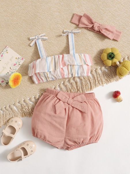 

baby striped print knot shoulder cami & bow front shorts with headband she, White
