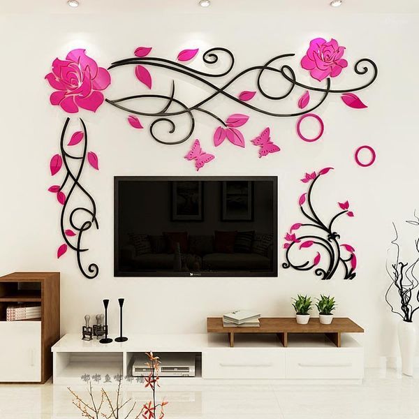 

wall stickers rose vine acrylic 3d living room wedding painting decoration tv background diy art decor1