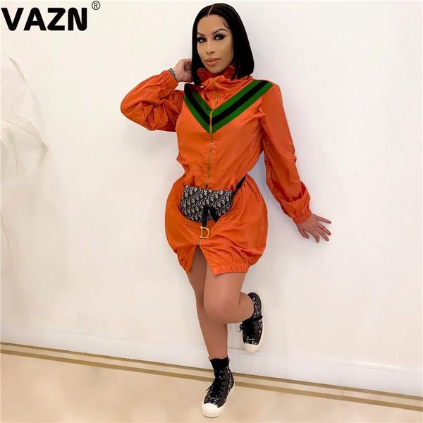 

vazn new elegant vintage high street loose zippers 2021 slim long coat full sleeve o-neck night club coat, Black;brown