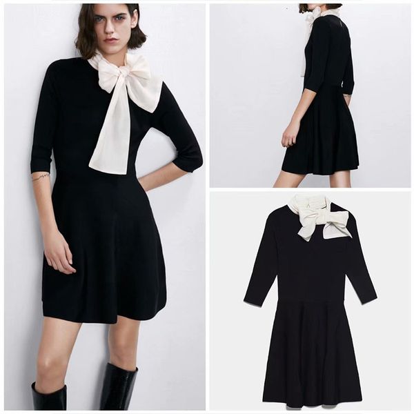 

2021 new autumn winter women knitted es patchwork fashion ladies slim office elegant girls bow causal outfits aily, Black;gray