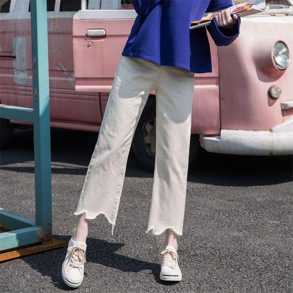 

spring korea fashion women jeans irregularity tassels high waist loose straight denim pants cotton black wide leg jeans d1701, Blue