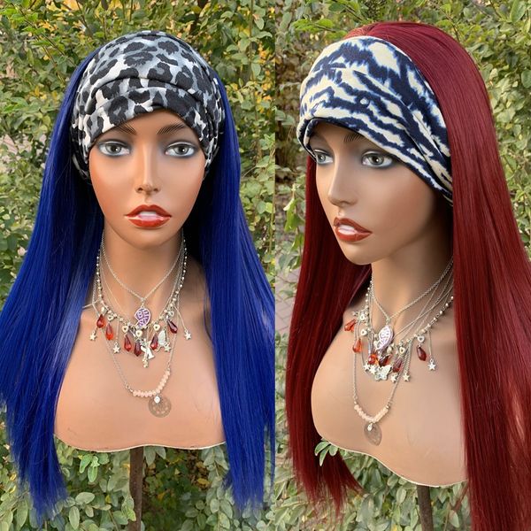 

wine red machine headband synthetic wig blue silky straight fiber hair for black women with natural middle part, Black;brown